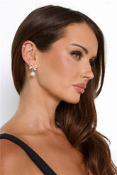 Gold Bow Earrings with Pearl for Festive Holiday Style