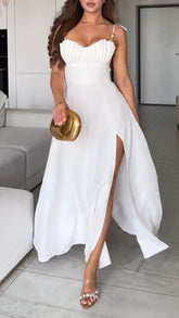 Elegant Slit Dress with Suspender Detail for Casual Chic Style