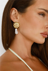 Gold Seashell Dangle Earrings with Faux Pearl for Coastal Glam