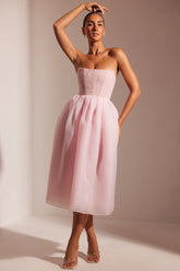 Romantic Rosette Midi Dress with Embellished Corset & Voluminous Skirt