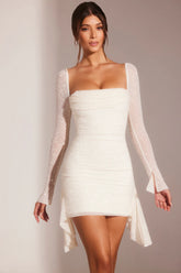 Embellished Mesh Mini Dress with Cowl Neck and Ruffle Details