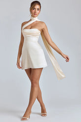 Statement Mini Dress with Asymmetric Scarf & Corset Lace-Up Back