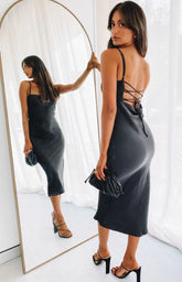 Effortless Black Midi Dress with Strappy Tie-Up Back for Formal Events