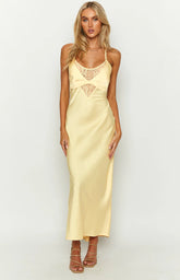 Buttercup Yellow Midi Dress with Romantic Lace Detail for Any Occasion