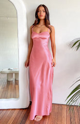 Pink Satin Maxi Dress with Floral Straps for Summer Evenings