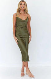 Khaki Midi Slip Dress for Effortless Formal Elegance