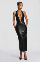 Chic Black Faux Leather Midi Dress with Plunge Halter Neckline