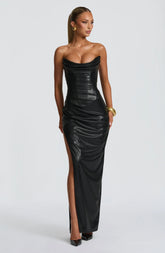 Sleek Black Faux Leather Maxi Dress with Dramatic Lace-Up Back
