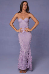 Romantic Corset Maxi Dress with Floral Appliqués and Sequin Details