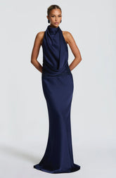 Elegant Navy Maxi Dress with Asymmetric Cowl and Embellished Waist