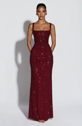 Burgundy Sparkle Maxi Dress with Lace-Up Back for Glamorous Evenings