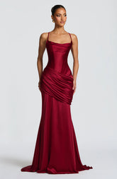 Elegant Burgundy Satin Gown with Corset & Dramatic Train