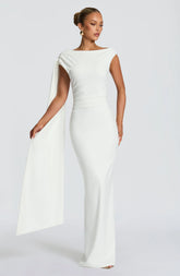 Elegant Ivory Maxi Dress with Asymmetric Pleating and Back Split