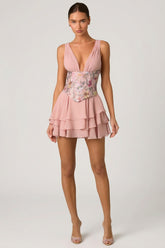 Floral Embellished Mini Dress with Corset Lace-Up Back