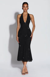 Black Rhinestone Midi Dress for Evening Glamour and Special Occasions