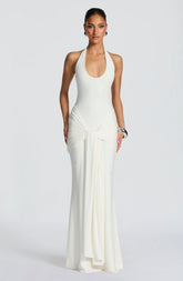 Effortlessly Elegant Ivory Maxi Dress with Plunge Neckline & Ruched Detail