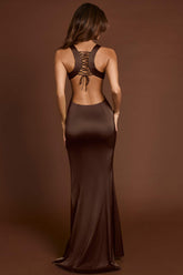 Satin Maxi Dress with Lace-Up Back for a High Glam Night Out
