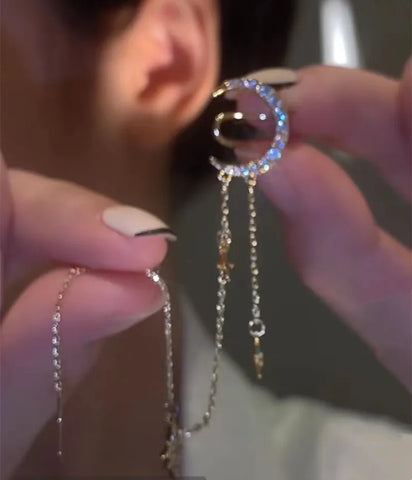 Celestial Moon and Star Ear Cuff with Dangling Tassels