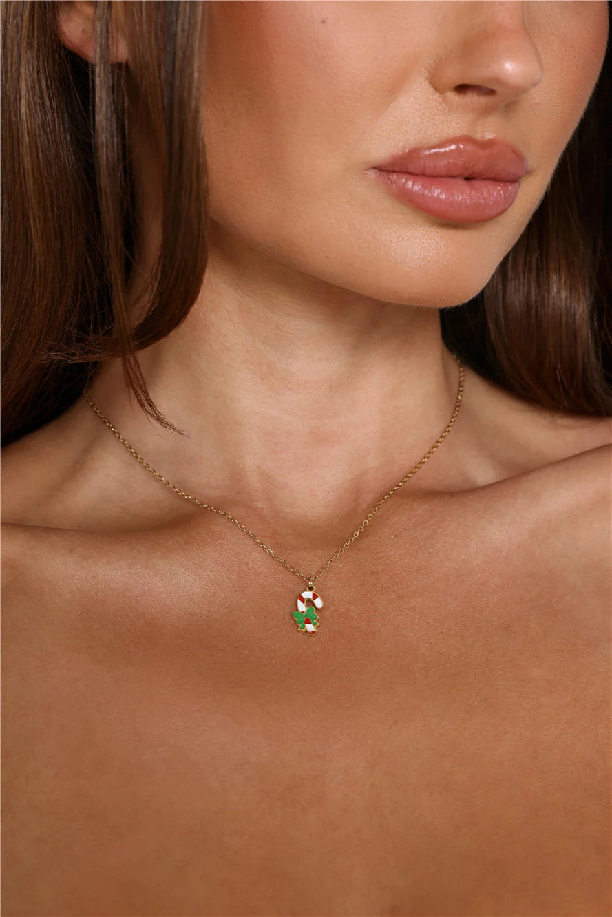 Gold Candy Cane Charm Necklace for Festive Holiday Style