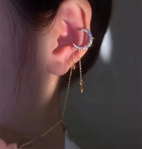 Celestial Moon and Star Ear Cuff with Dangling Tassels