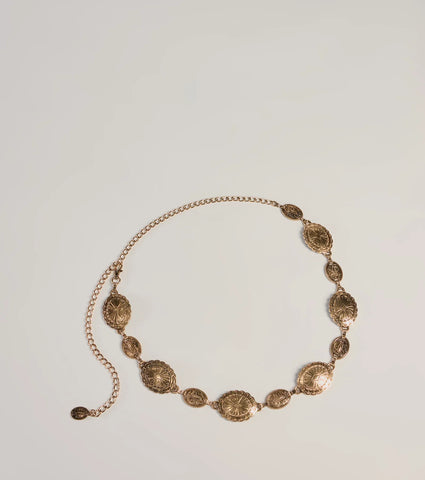 Oval Concho Chain Belt with Etched Detailing for Boho Style