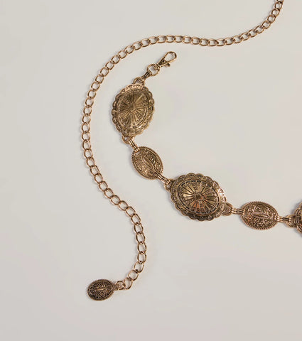 Oval Concho Chain Belt with Etched Detailing for Boho Style