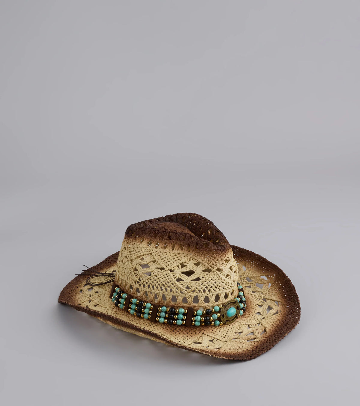 Crochet Straw Cowboy Hat with Beaded Band for Festivals & Country Nights