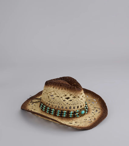 Crochet Straw Cowboy Hat with Beaded Band for Festivals & Country Nights