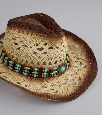 Crochet Straw Cowboy Hat with Beaded Band for Festivals & Country Nights