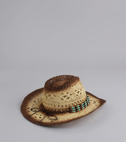 Crochet Straw Cowboy Hat with Beaded Band for Festivals & Country Nights