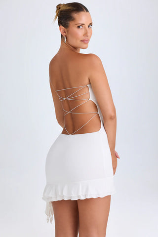Asymmetric Ruffle Mini Dress with Open Back Criss-Cross Straps