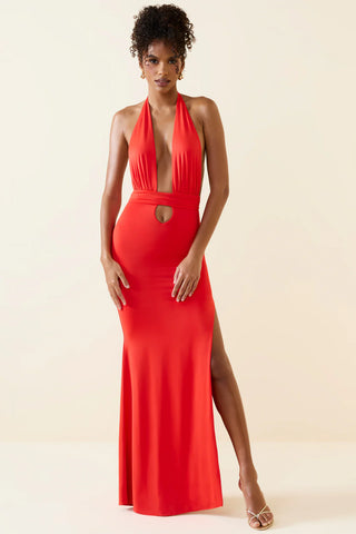 Sultry Slinky Jersey Maxi Dress with Plunge Neckline & Open Back