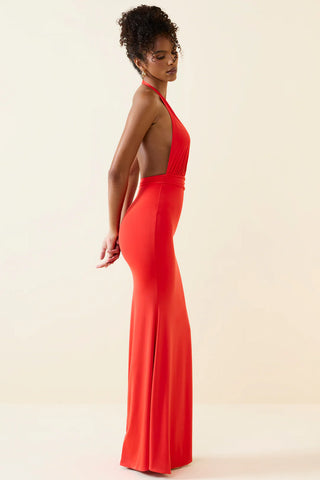 Sultry Slinky Jersey Maxi Dress with Plunge Neckline & Open Back