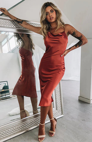 Rust Satin Slip Dress for Effortless Formal Style