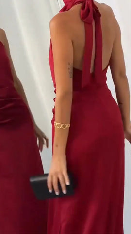 Elegant Hollow-Out Evening Dress with Detachable Neck Strap