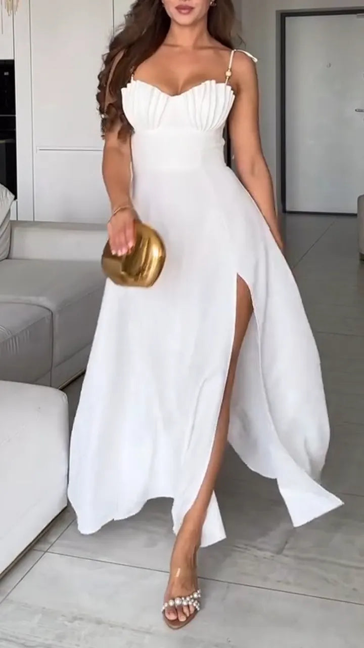 Elegant Slit Dress with Suspender Detail for Casual Chic Style