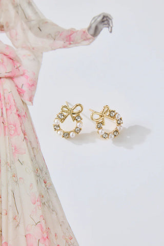 Pearl Wreath Earrings with Sparkling Diamante Accents & Bow