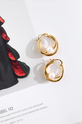 Double Hoop Pearl Earrings in 18k Gold Plated Elegance