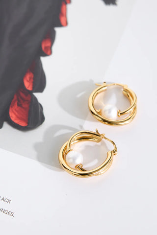 Double Hoop Pearl Earrings in 18k Gold Plated Elegance
