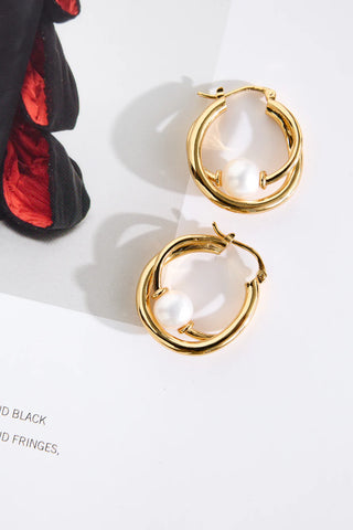 Double Hoop Pearl Earrings in 18k Gold Plated Elegance
