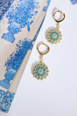 Dainty Blue Crystal Dangle Earrings with Frosted Petal Design