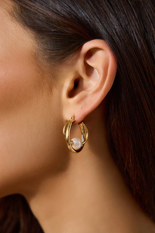 Double Hoop Pearl Earrings in 18k Gold Plated Elegance