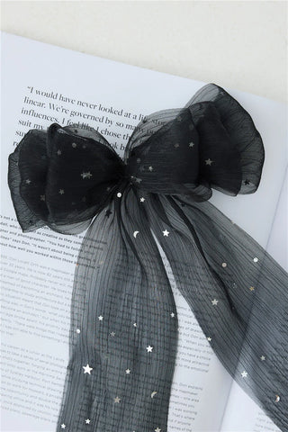 Celestial Black Bow Hair Clip with Sparkling Silver Stars