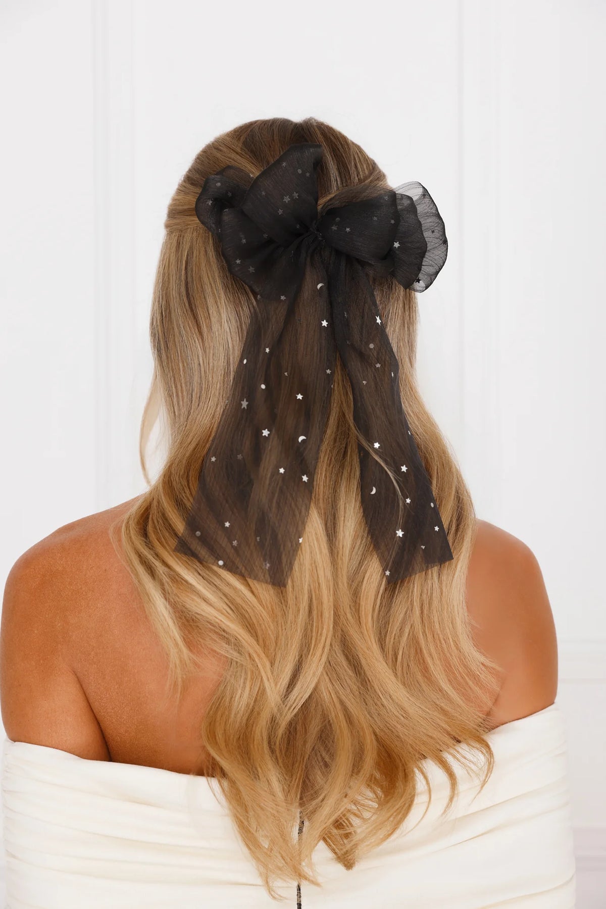 Celestial Black Bow Hair Clip with Sparkling Silver Stars