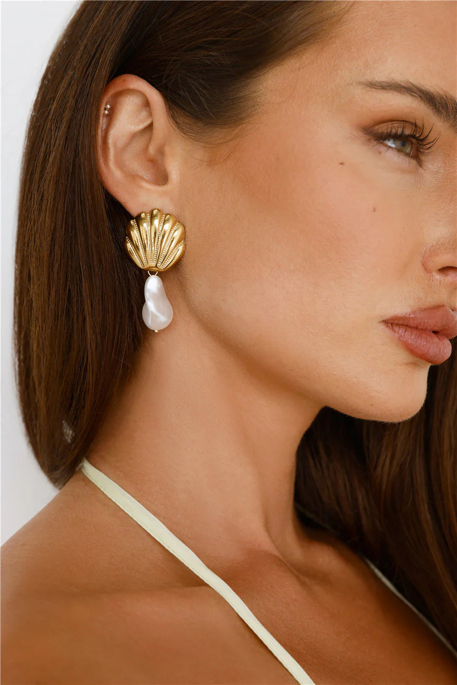 Gold Seashell Dangle Earrings with Faux Pearl for Coastal Glam