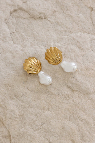 Gold Seashell Dangle Earrings with Faux Pearl for Coastal Glam