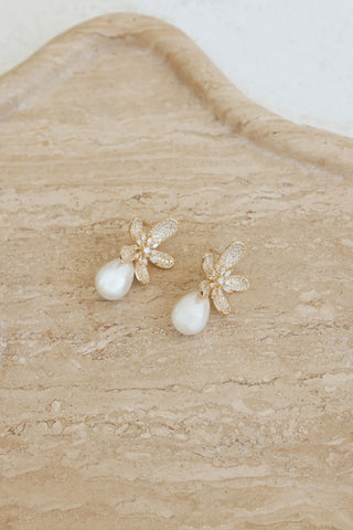 Sunlit Siren Earrings with Faux Pearl & Diamante Flower Design