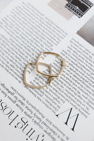 Sparkling Square Hoop Earrings in Gold with Dazzling Diamantes