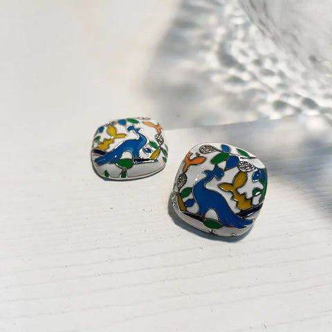 Vibrant Enamel Flower and Bird Earrings for a Bold, Artistic Statement