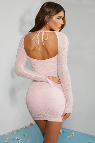 Pearl Embellished Mesh Mini Dress for a Show-Stopping Evening Look